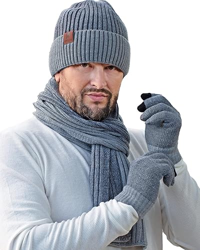 Winter Warm Knit Beanie Hat Touchscreen Gloves Long Scarf Set with