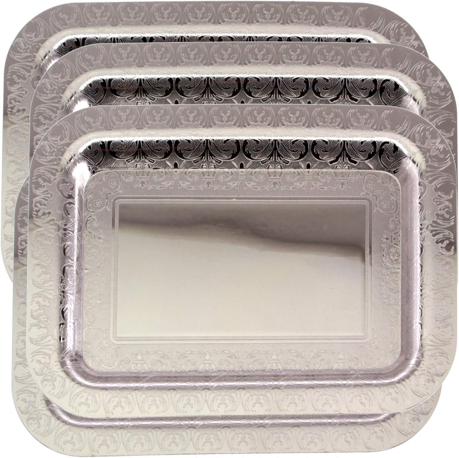 Maro Megastore (Pack of 4) 14.2 Inch x 10.2 Inch Oblong Chrome Plated Mirror Serving Tray Stylish Design Floral Engraved Edge Decorative Party Birthday Wedding Dessert Buffet Wine Platter Plate CC-734