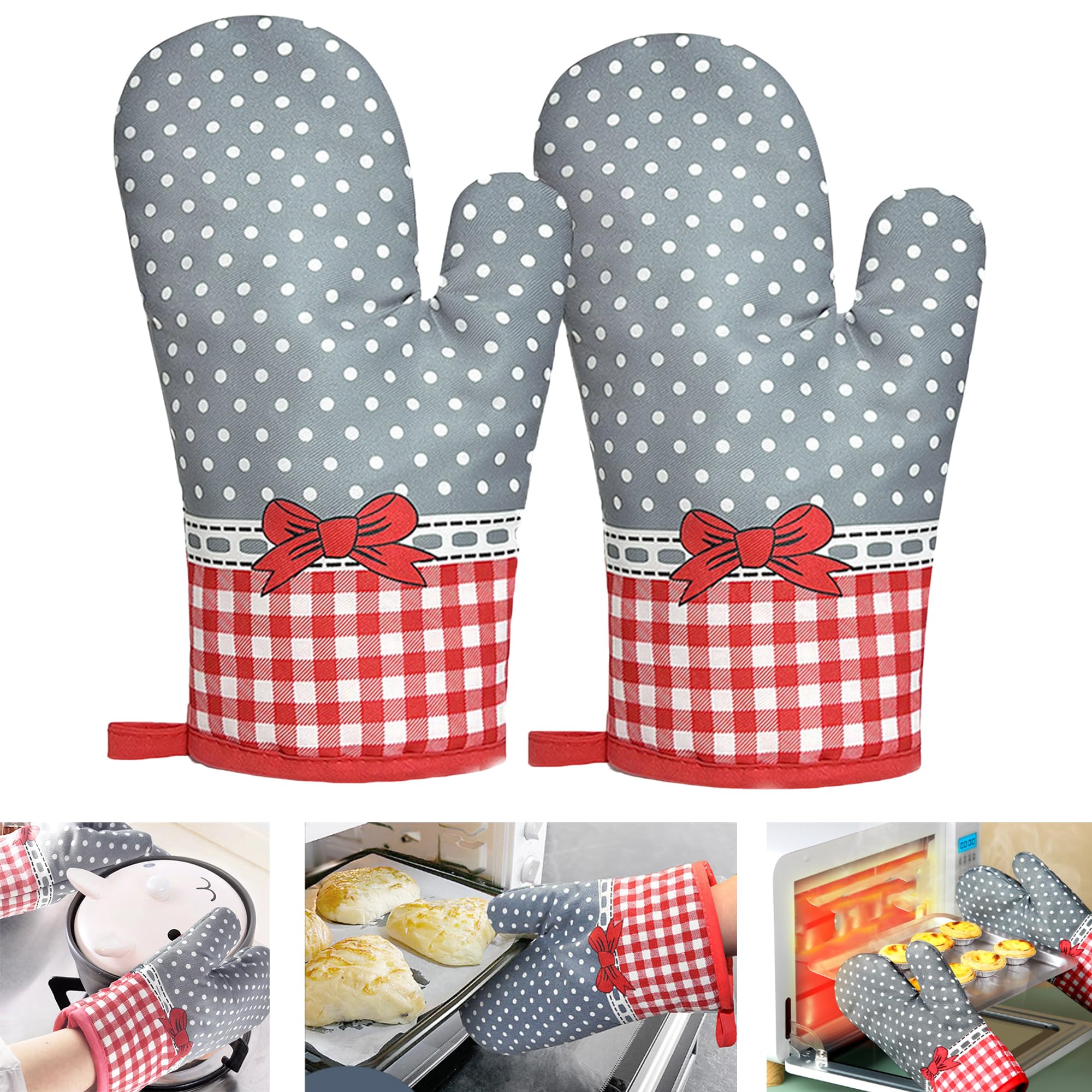 DXIA 1 Pair Kitchen Oven Gloves, Heat Resistant Gauntlet Gloves, with Soft Cotton Lining, for Kitchen Cooking, Baking Grilling Barbecue, Safe BBQ Cooking Baking Grilling (Grey bow)