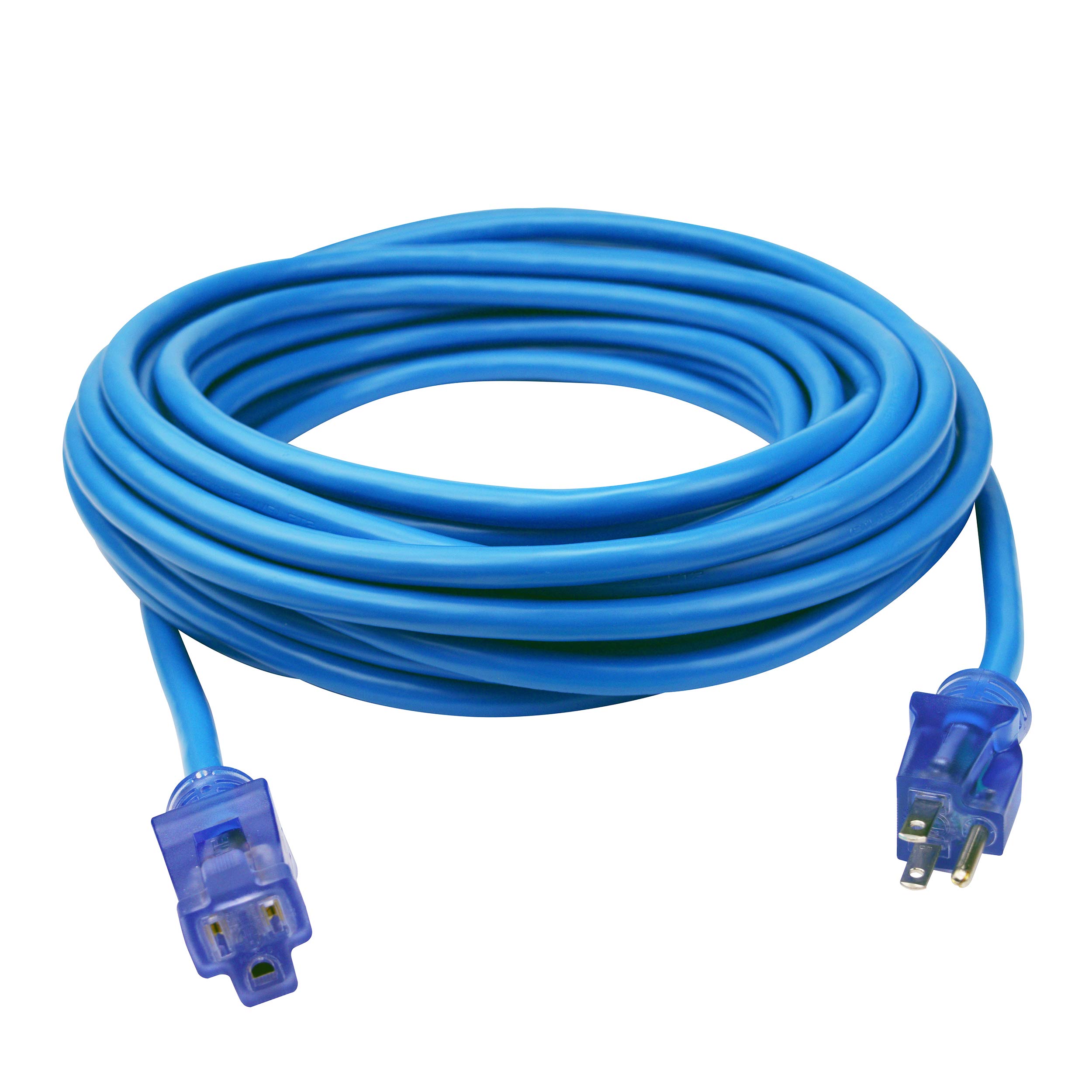 Clear Power 50 ft Heavy Duty Outdoor Extension Cord 12/3 SJTW with Lighted Locking Connector, Water & Weather Resistant, Flame Retardant, Hi-Vis Blue, 3 Prong Grounded Plug, DCOC-0105-DC