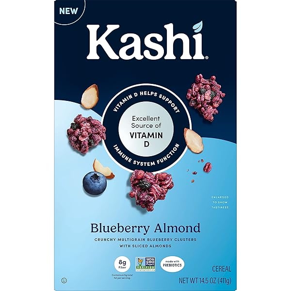 KASHI COLD BREAKFAST CEREAL, EXCELLENT SOURCE OF VITAMIN D, FIBER CEREAL, BLUEBERRY ALMOND, 14.5OZ BOX (1 BOX)