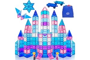 Pitpat 128 pcs Magnetic Tiles for Kids with 2 Cars and Storage Bag, Magnet Blocks Building Set with Stronger Magnets, Magnetic Shapes for Kids 3+ Years