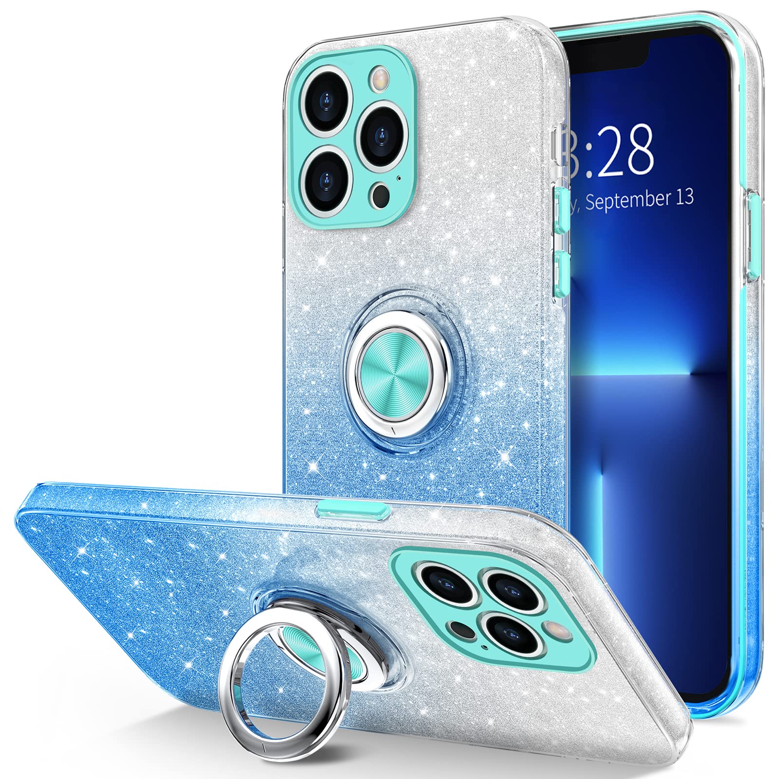 Hython for iPhone 13 Pro Max Case with Ring Stand [360° Rotatable Ring Holder Magnetic Kickstand] [Support Car Mount] Cute Sparkly Glitter Bling Sparkle Phone Case Women Girls, Gradient Blue