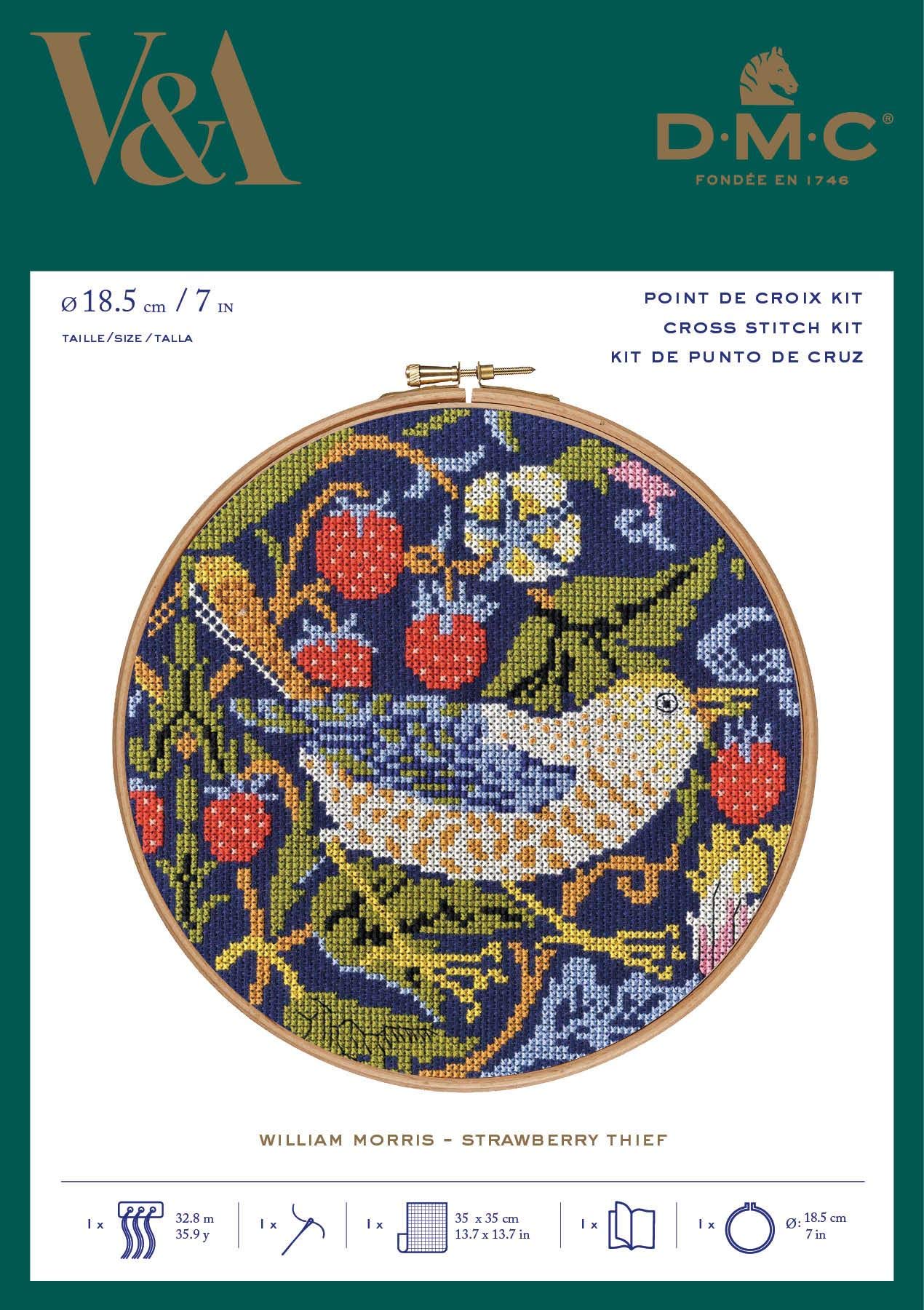 DMC Strawberry Thief Cross-Stitch Kit, Includes Six-Strand Embroidery Thread, Embroidery Needle, Blue 14ct Aida Fabric, Wooden Hoop (18cm) and Instructions