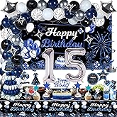 Miidenks 15th Birthday Decorations Set for Boy, Navy Blue Silver Black Happy 15 Party Decorations with Birthday Backdrop Banner, Tablecloth, 15 Number Balloons for Him, Black;blue