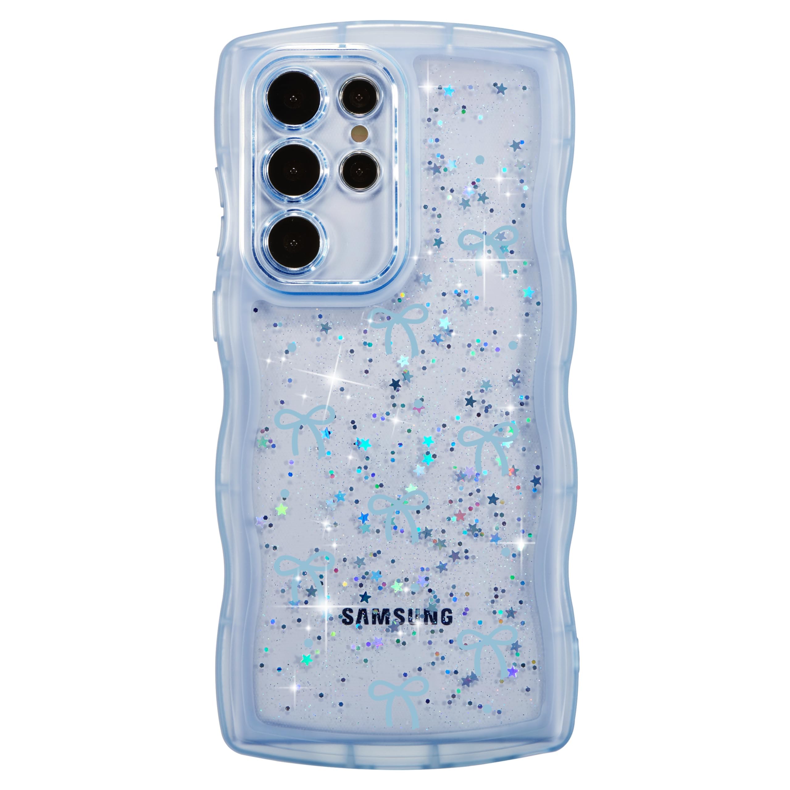 ZTOFERA for Samsung Galaxy S21 Ultra Case Wavy Edge,Glitter Star & Bow Pattern Phone Case Cute for Girl Women, Soft TPU Shockproof Full Protection Clear Phone Cover for Samsung S21 Ultra-Blue Bow