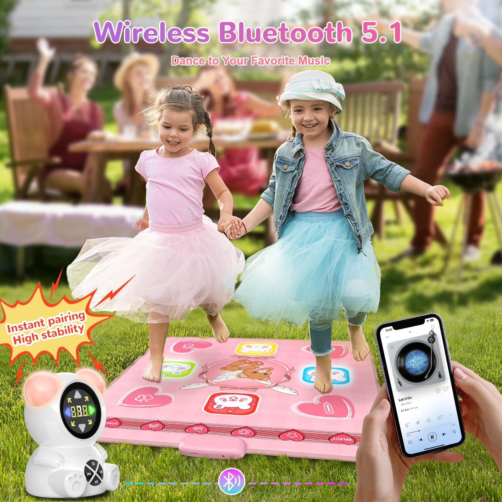 Acelufly Rechargeable Dance Mat Toys for Girls, Light Up Dance Pad with Wireless Bluetooth, Xmas B-Day Gifts for 3 4 5 6 7 8 9 10 11 12 Years Old Kids (Pink)