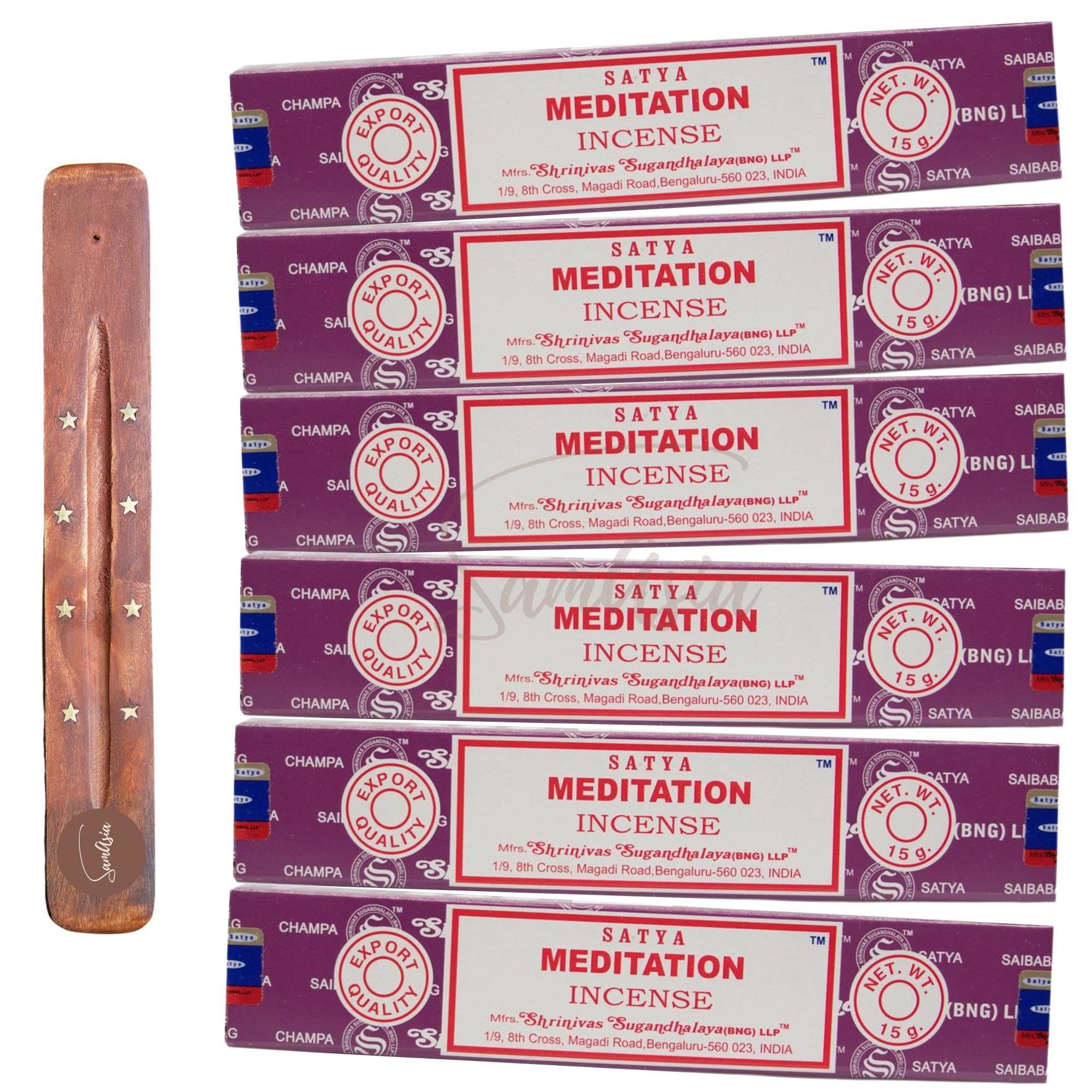 Satya Nag Champa Meditation Incense Sticks | x6 pack | with SAMASIA incense sticks holder | Used for Aromatherapy, Spa, Yoga, Weddings, Meditation, Healing, Positivity and Relaxation
