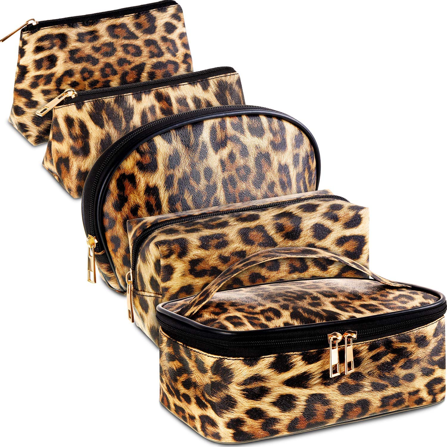 5 Pieces Makeup Bag Cosmetic Bag Toiletry Pouch Bag Travel Bag Portable Makeup Brushes Bag Waterproof Organizer Bag Multifunction Case with Zipper for Women Girls Men (Leopard Design)