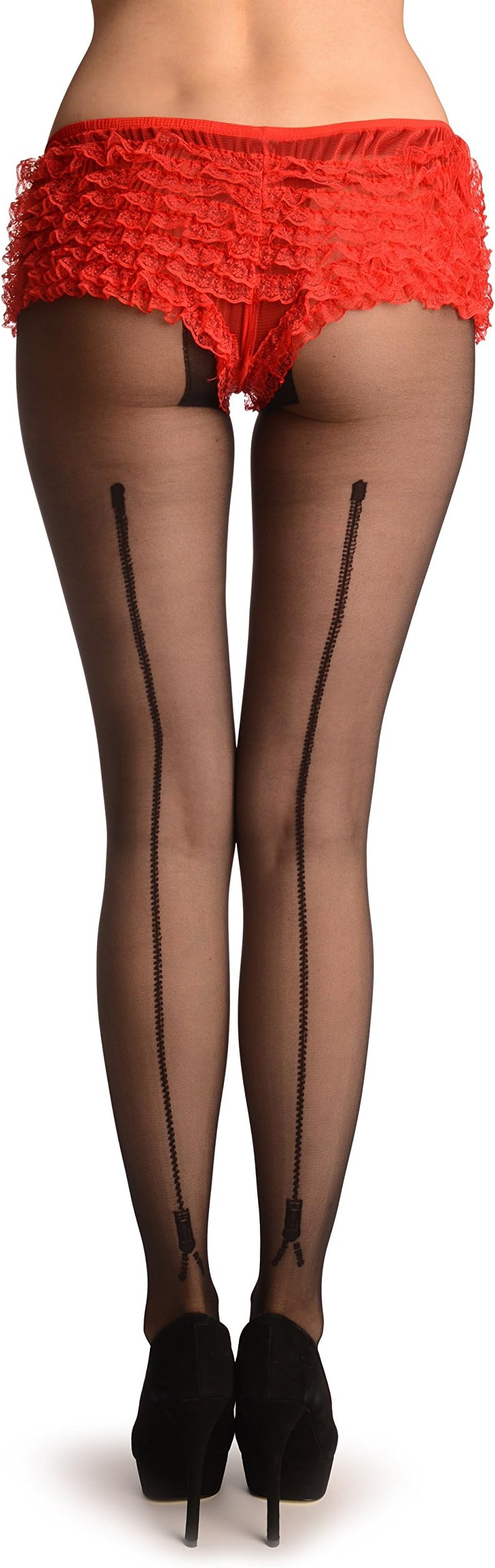 Black With Woven Back Zip Seam - Black Seamed Designer Tights