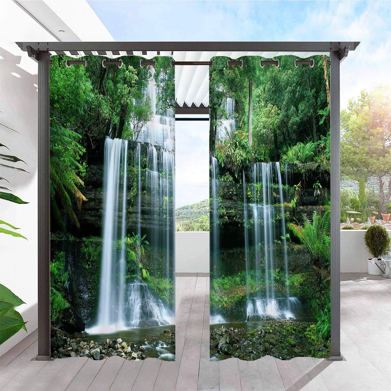 Outdoor Curtains - ANHOPE Indoor Outdoor Curtains for Patio Waterproof Grommet Curtains with Waterfall Forest Nature Landscape Pattern Privacy Outside Curtain for Pergola Gazebo Porch Cabana 2 Panels 54 x 84 Inch