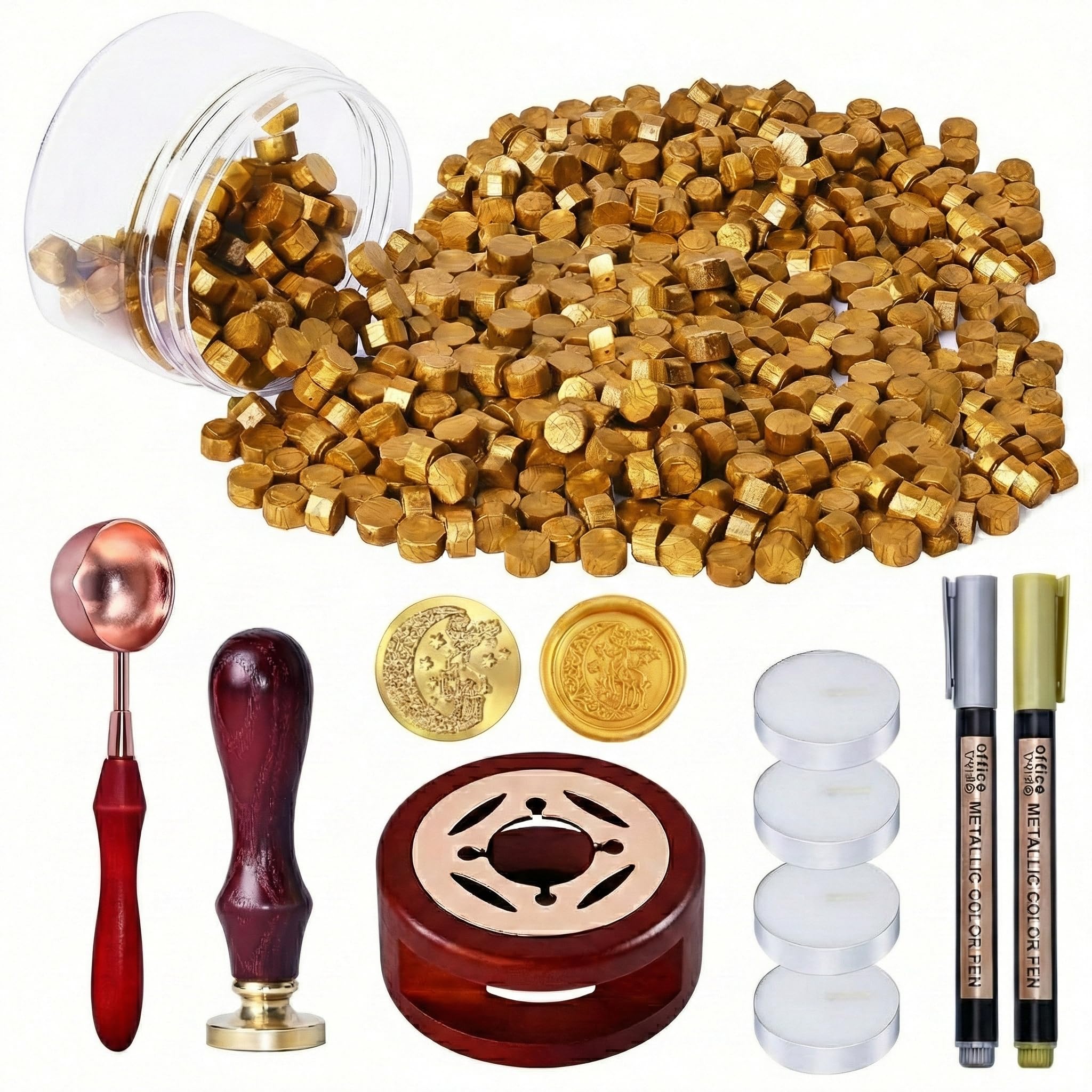 WEWINK PLUS 250 PCS Gold Wax Seal Stamp Kit with Wax Seal Warmer, Spoon, Tea Candles, Metallic Pen for Stamps, Gifts, Invitations, Envelopes, Crafts