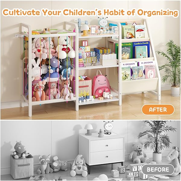 CYXPHION B1 KIDS BOOKSHELF AND TOY STORAGE, 3-TIER BOOK SHELF FOR KIDS ROOMS, SLING BABY BOOKCASE WITH STUFFED ANIMAL STORAGE, MONTESSORI TODDLER BOOKSHELF FOR NURSERY, BEDROOM, PLAYROOM, WHITE