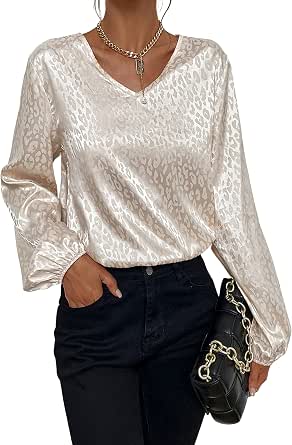 Amazon.com: FindThy Camisa de manga larga de satén para mujer, sexy, cuello  en V, estampado de leopardo, blusas : Ropa, Zapatos y Joyería