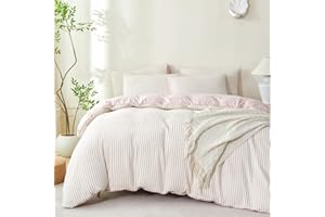 Duvet Cover Queen Striped Dusty Pink Washed Microfiber Jacquard 3 Pieces Queen Striped Bedding Sets, with Zipper Closure & Co