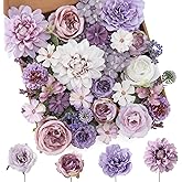 Floweroyal Artificial Flowers Combo Purple Flowers Mix Silk Flowers Dahlia Roses with Stems for DIY Wedding Bridal Bouquets, Baby Shower, Floral Arrangement, Table Centerpieces, Home Decorations.