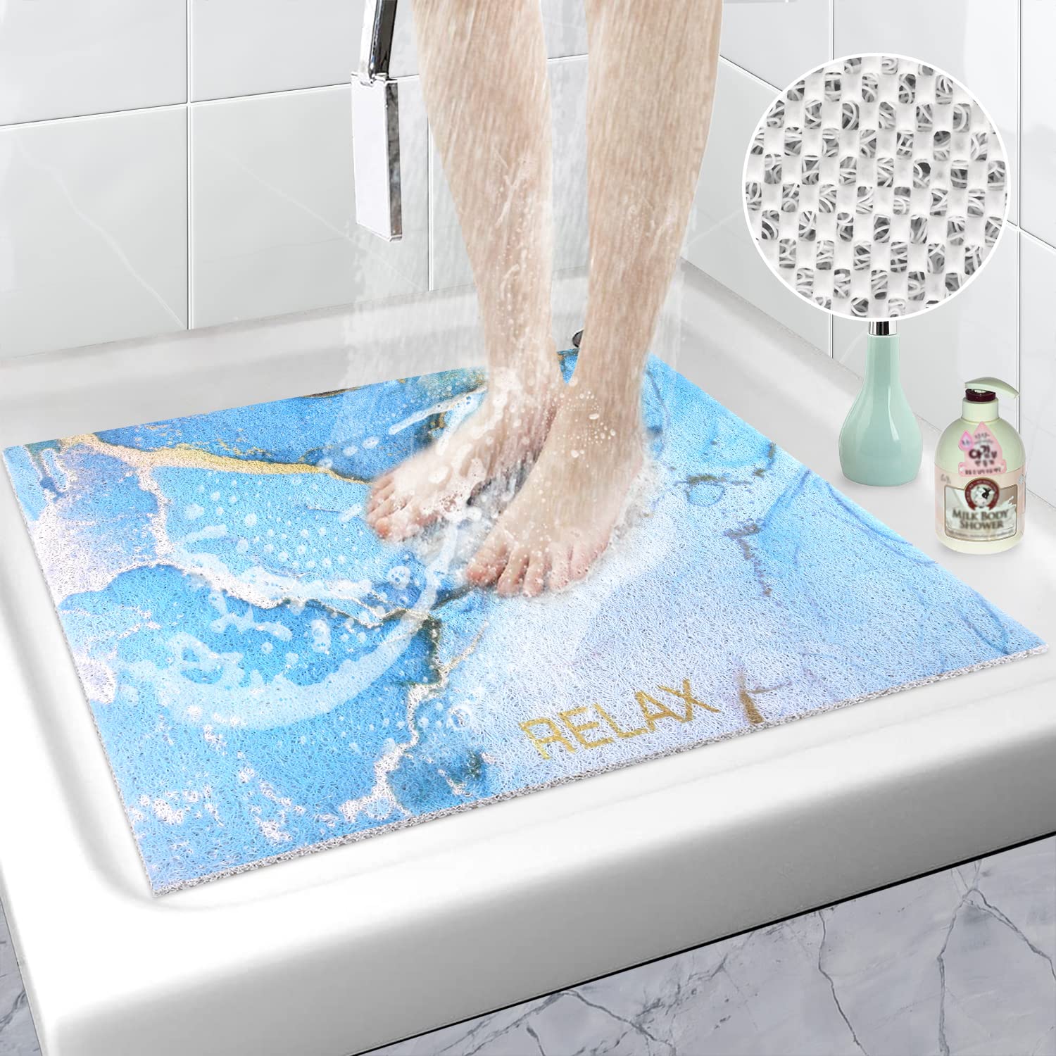 Square Shower Mat Non Slip Anti Mould, 60 x 60 cm Soft Comfort Loofah Shower Mats for Inside Shower, Washable Massage Mat for Shower Stall