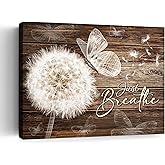 Farmhouse Just Breathe Wall Art Rustic Dandelion Wall Art For Living Room Bedroom Office Country White Flower Flora Butterfly Canvas Prints Framed Artwork Vintage Bathroom Decor 12x16 Inch