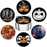 Coaster for Drinks Set of 6, Halloween Skeleton Skull Pumpkin Absorbing Round Ceramic Stone Coaster with Cork Base,Tabletop Protection Mat for Mugs and Cups,Coffee Table Wine Glass Home Bar 4 Inch