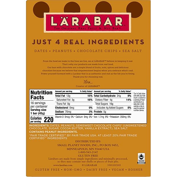 LARABAR PEANUT BUTTER CHOCOLATE CHIP, GLUTEN FREE FRUIT & NUT BAR, 16 CT