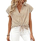 PRETTYGARDEN Womens Short Sleeve Shirts Plaid Button Down Blouse Dressy Casual 2026 Summer Spring Business Gingham Work Tops
