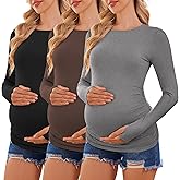 Ekouaer Womens 3 Pack Long Sleeve Maternity Shirts Crew Neck Pregnancy Clothes Side Ruched Workout Tops Casual T-Shirt S-XXL