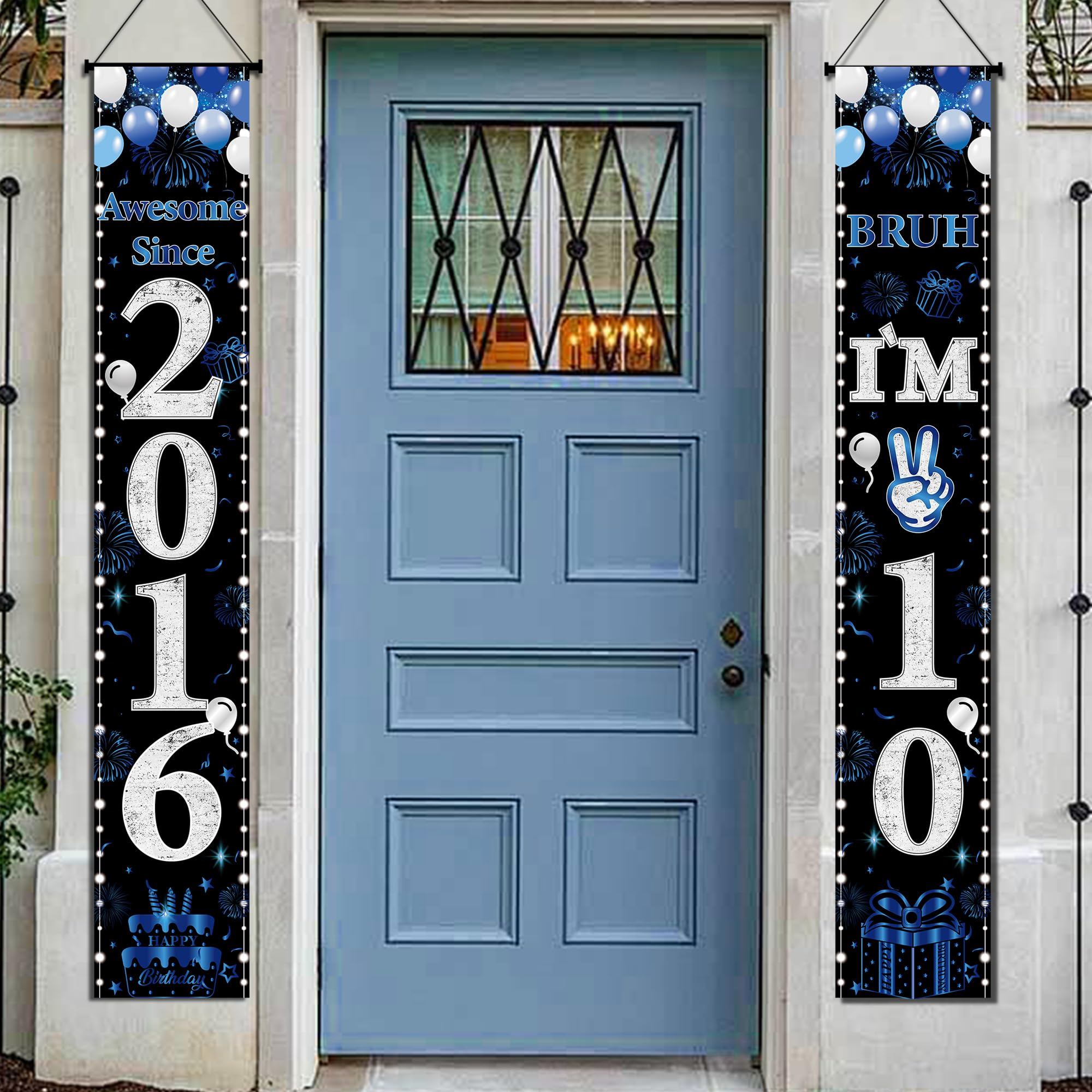 10th Birthday Decorations Door Banner - 2 Pcs Blue Awesome Since 2016 Bruh I'm 10 Happy Birthday Banners Porch Sign for Girls Boys Double Digits Party Background Decor Supplies, 180 × 30 cm