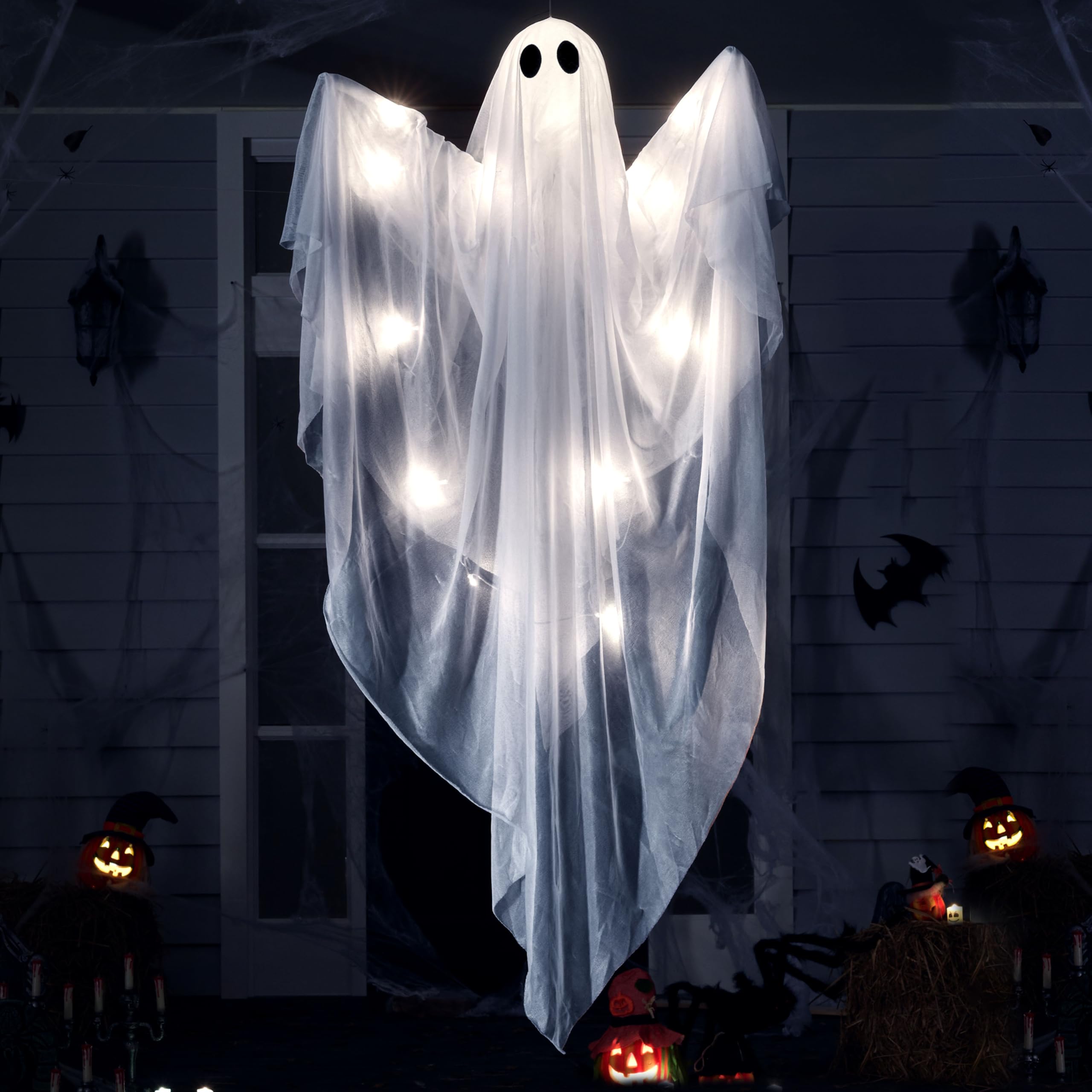 Photo 1 of JOYIN Halloween Hanging Light up Ghost with Spooky White LED Light, 47” Halloween Hanging Ghost Decoration for Front Yard Patio Lawn Garden Party Decor Indoor Outdoor