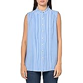 Nautica Women's Sleeveless Pintuck Ruffle Neck Tile Print Striped Shirt