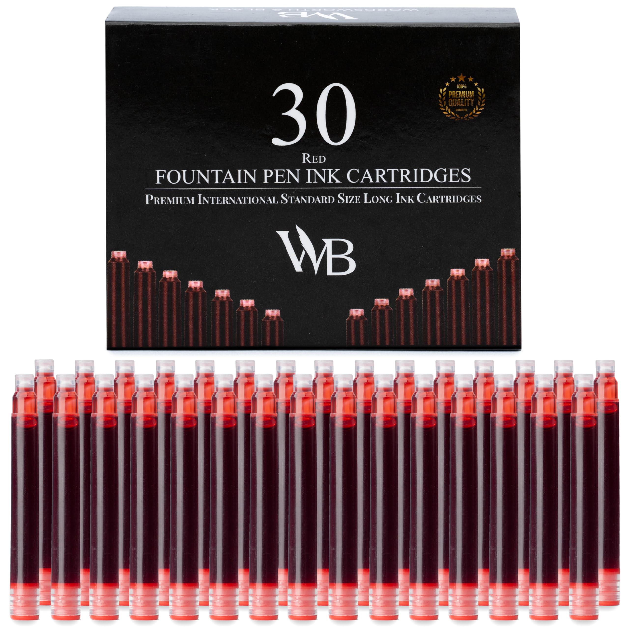 Wordsworth & Black Fountain Pen Ink Refills - Set of 30 Red Ink Cartridges - International Standard Size - Length APPR 2.3" - Base Diameter APPR 0.24 Inch - Disposable and Generic
