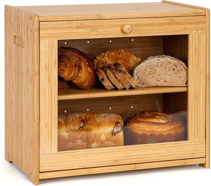 Goodpick Large Bamboo Bread Bin 2 Layer Bread Storage Bin on Countertop Shelf Extra Large Double