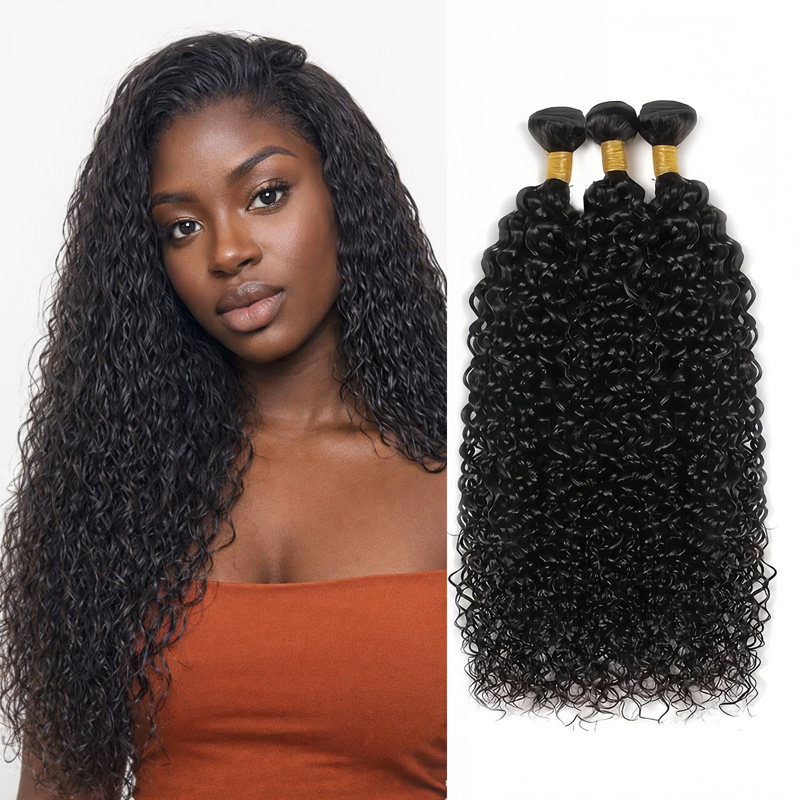 Photo 1 of 10A Brazilian Jerry Curly Human Hair Bundles 26 28 30 Inch 3 Bundles 1B Natural Black Long Bundles Kinky Curly No Tangle