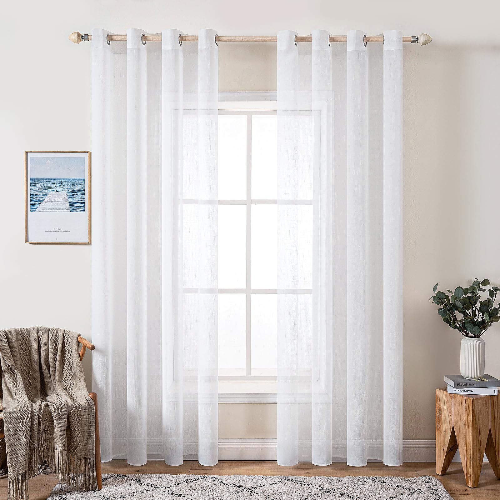 MIULEE 2 Panels Voile Curtains Sheer Cross Linen-like Solid Color Contemporary Decorative Ring Top Eyelet Panels for Bedroom LivingRoom Nursery Room 55" Wx88 L White