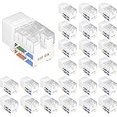 VCE RJ45 Cat6A Keystone Jack Insert UL Listed 25-Pack, Slim Profile 110-Type Punch Down Modular, 90-Degree Ethernet Adapter f