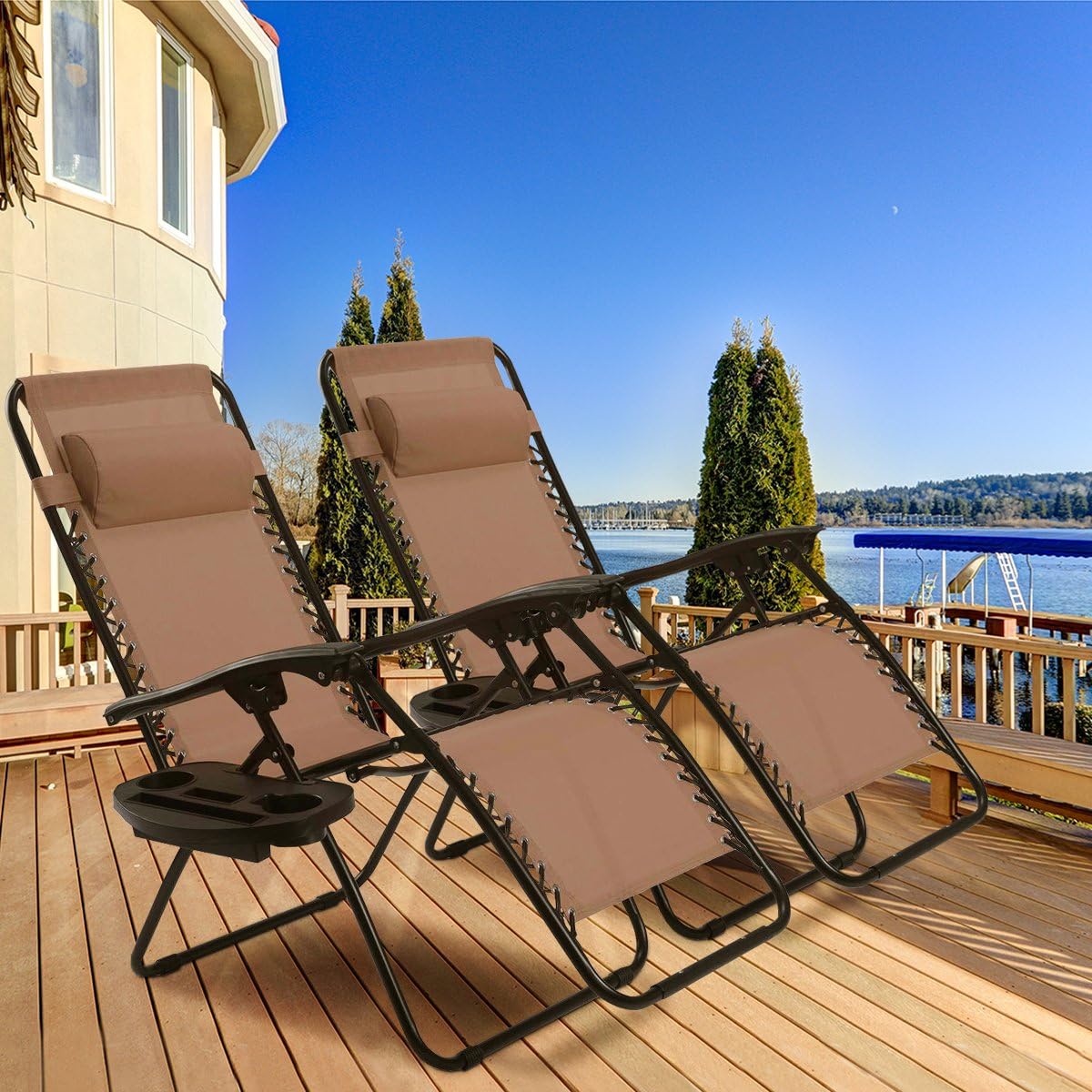 Blue Goplus 2pc Zero Gravity Chairs Lounge Patio Folding Recliner Outdoor Yard Beach With Cup Holder Patio Lawn Garden Recliners