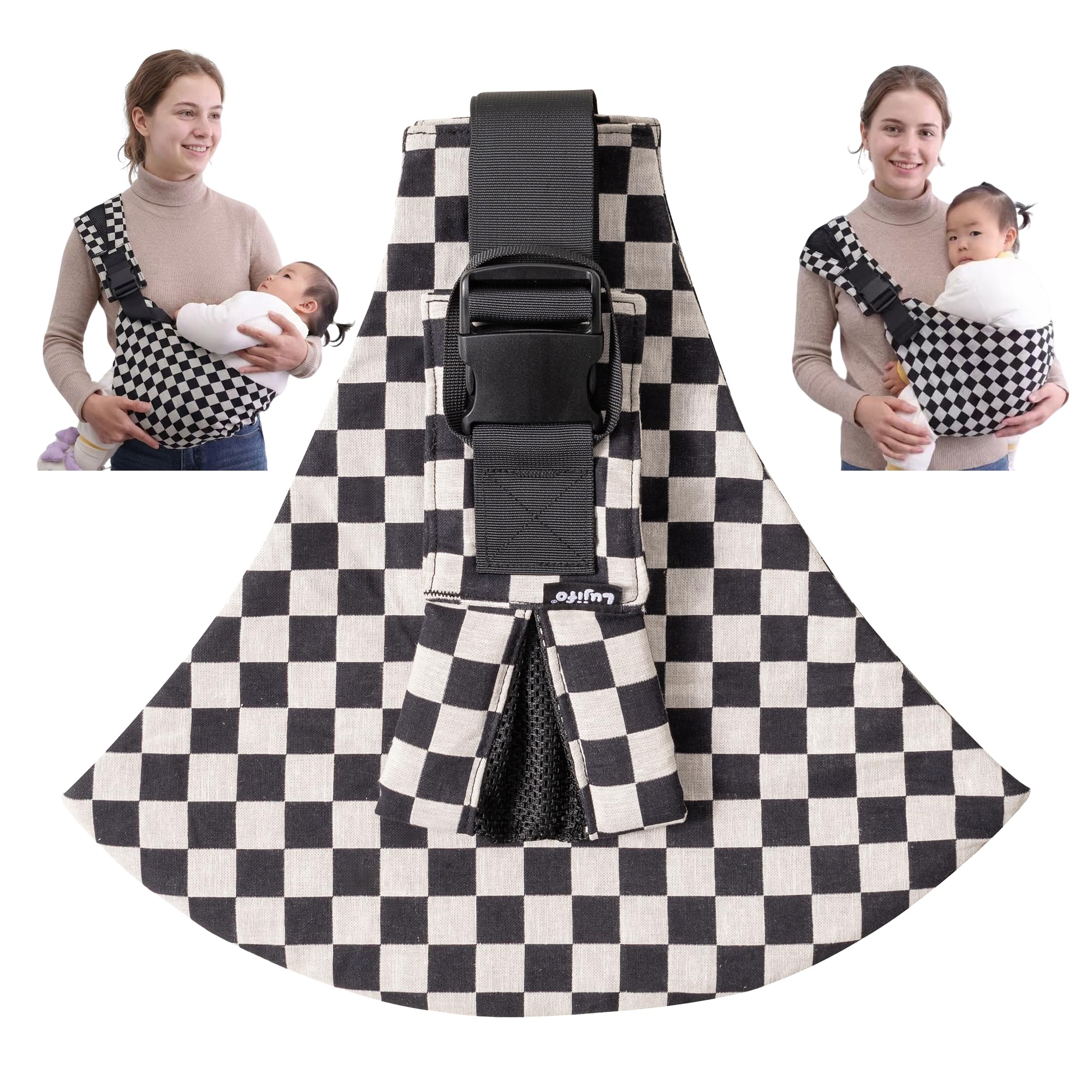 Photo 1 of Lujifo Baby Sling Carrier, Lightweight Portable Baby Carrier for Toddlers, Toddler Sling Carrier with Adjustable Front & Back Shoulder Straps – Fits Babies 6 to 48 Months (Ebony Check)