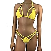 Women's Tie Side Bottom Triangle Top Skimpy Bikini V-String Panty G-String Thong Exotic Dancewear Rave Outfits Mini Cup bikini Swimwear Bathing Suit Canary Sunny Yellow 2 piece Set
