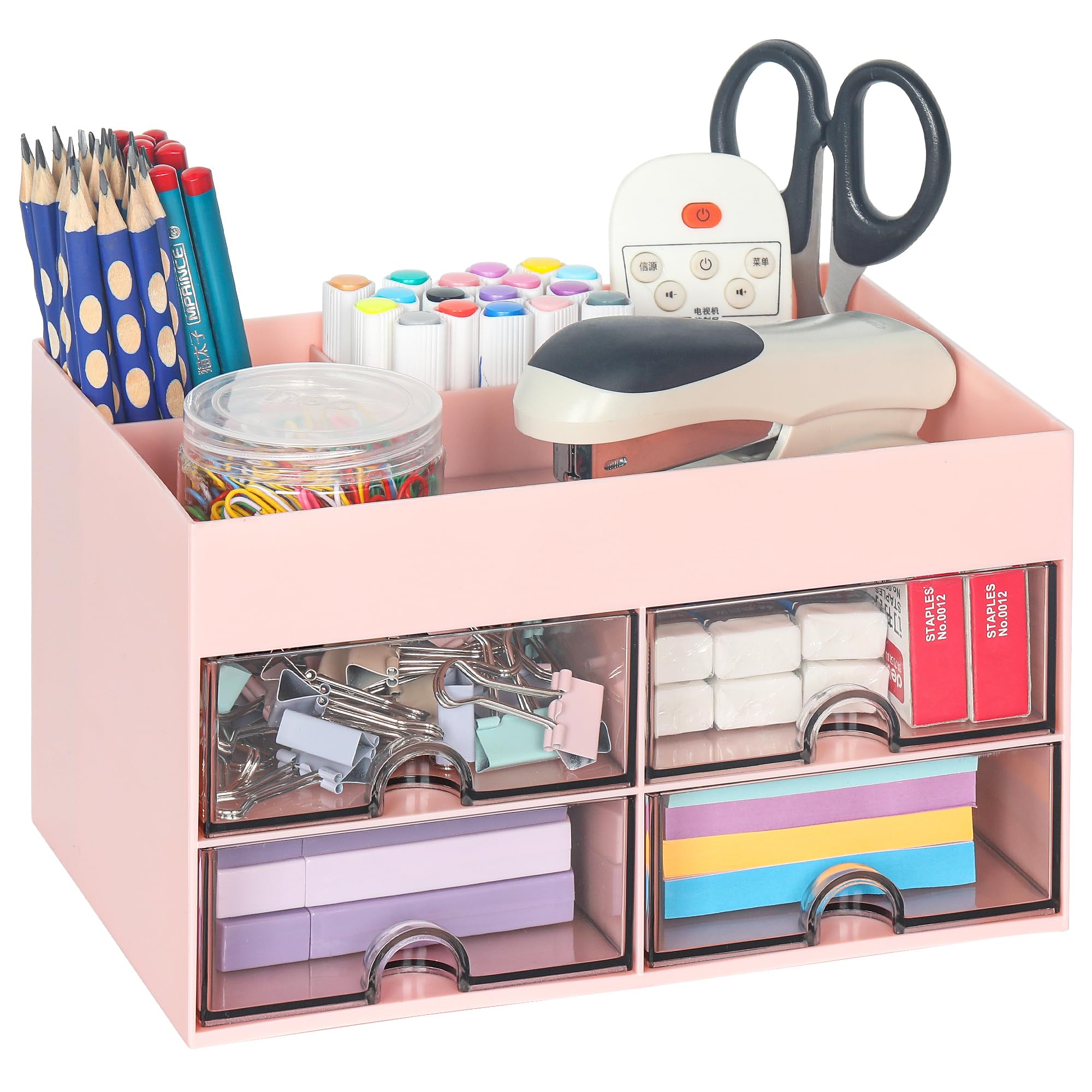 TQVAI Desk Organiser with Drawers Multifunctional Pen Holder for desk 3 Compartments 4 Drawer Dividers for Office, School and Home, Pink