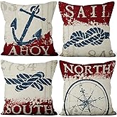Vie Savaran 4 Pcs/Set Nautical Throw Pillow Covers Coastal Anchor Rope Compass Navigation Beach Cushion Case for Home Outdoor Sofa Couch Decorative, 18"x18"