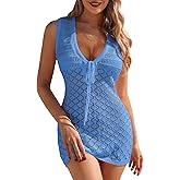 FAIRY SEASON Swimsuit Coverup for Women Crochet Swim Cover Ups Mesh Knit Hollow Out Front Tie Sleeveless Beach Dress