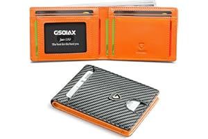 GSOIAX Mens Slim Wallet RFID Blocking Bifold wallets for men Minimalist Genuine Leather Carbon Fiber Card Holder Money Clip Thin Mens with Gift Box (Carbon Orange)