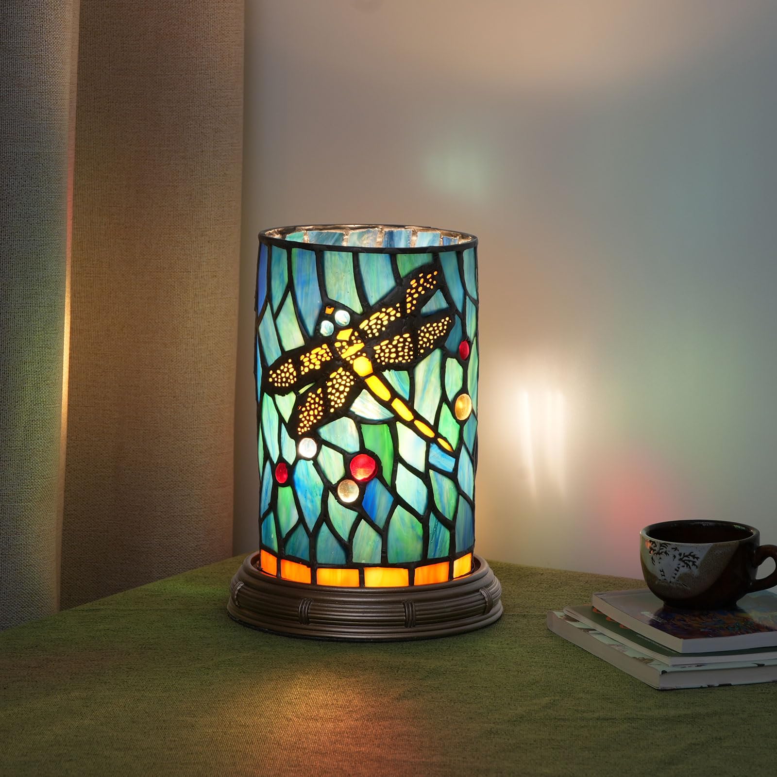 Photo 1 of Tiffany lamp Stained Glass Table lamp Teal Dragonfly Style Bedroom Bedside Flower Vase Decor Green Small Night Light Mini Cute Kids Accent Unique LED Cottage Aesthetic Nightstand Cylinder Desk lamp