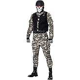 Adult Battle Soldier Costume | Mens Modern Camouflaged Jumpsuit, Black Tactical Vest, Helmet, Skull Mask, Belt w/Gear