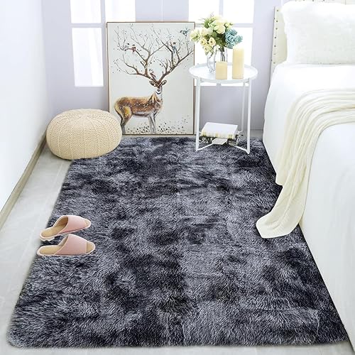 Tinyboy-bhq Area Rugs Soft Living Room Carpets Anti Slip Fluffy Bedroom Rug Shaggy Floor Mats Large for Hallway Bedroom (Black/Grey, 80 x 120 cm)