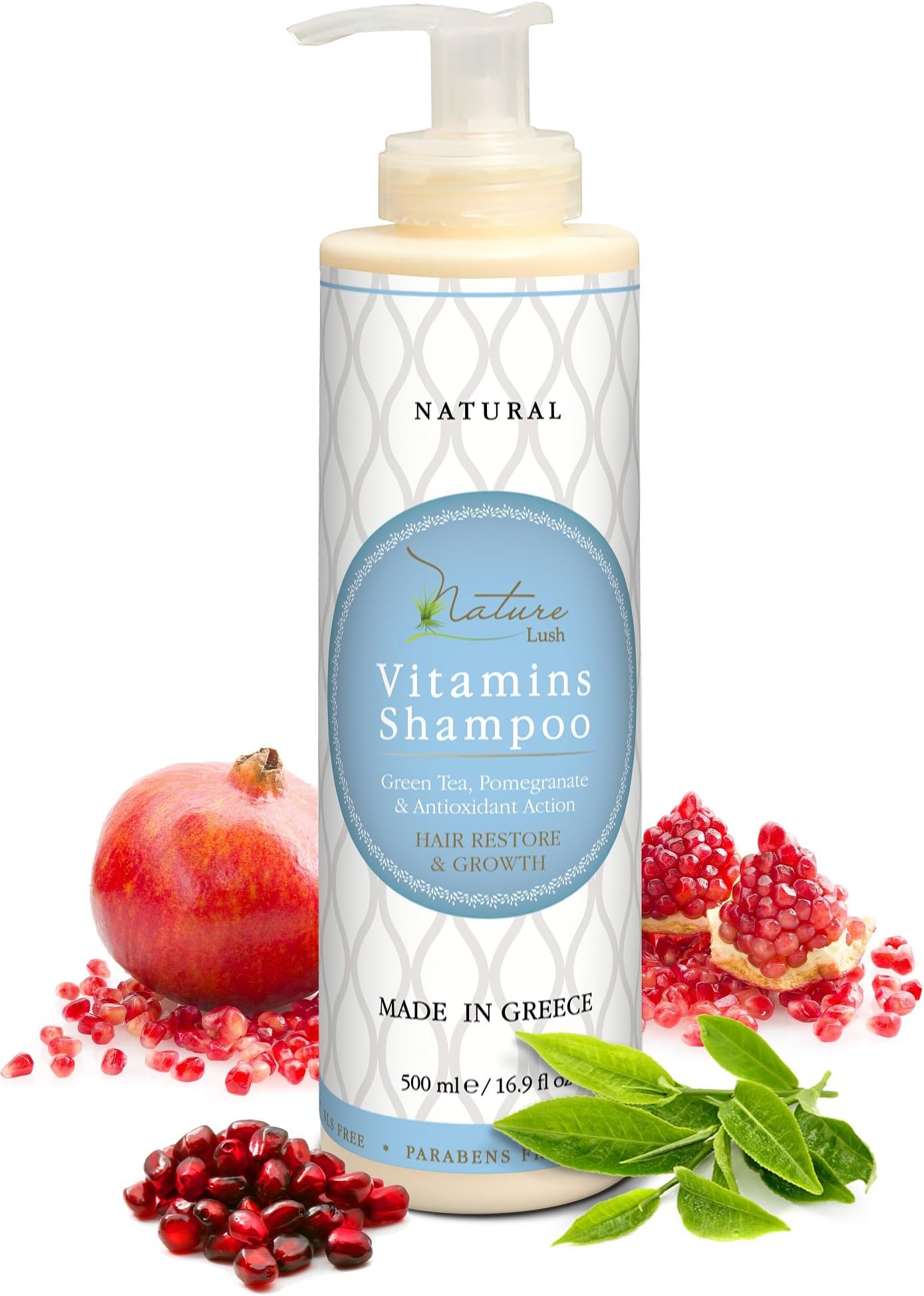 Best Natural Vitamins Hair Shampoo - Green Tea, Pomegranate, Olive & Antioxidant Action - Perfect for Men, Women & Colored Treated Hair – by Nature Lush – Huge 16.9 fl oz Bottle