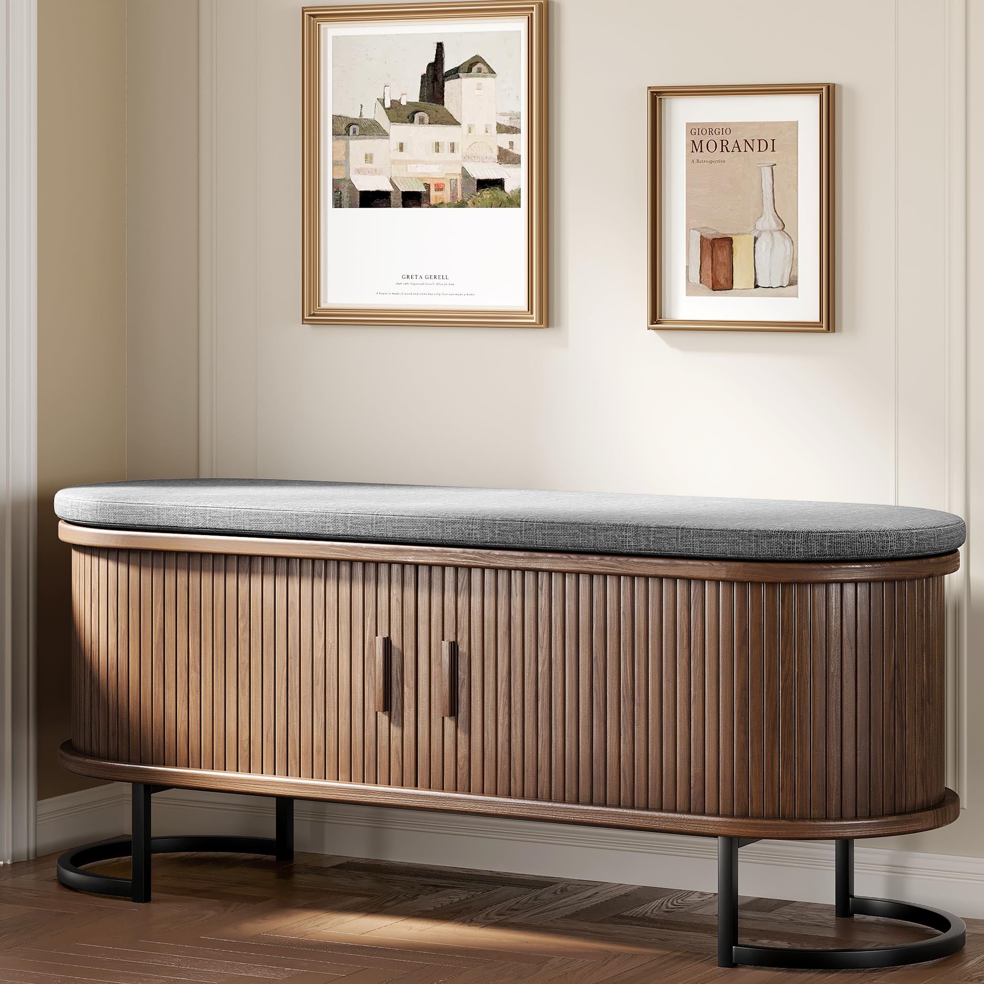 Photo 1 of *Chipped* Decofy 47.2'' Entryway Storage Bench Seat with Sliding Door, Large Shoe Bench with Sturdy Metal Feet & Soft Cushion, Multi-Scene Use for Entrance, Bedroom & Living Room?Walnut?