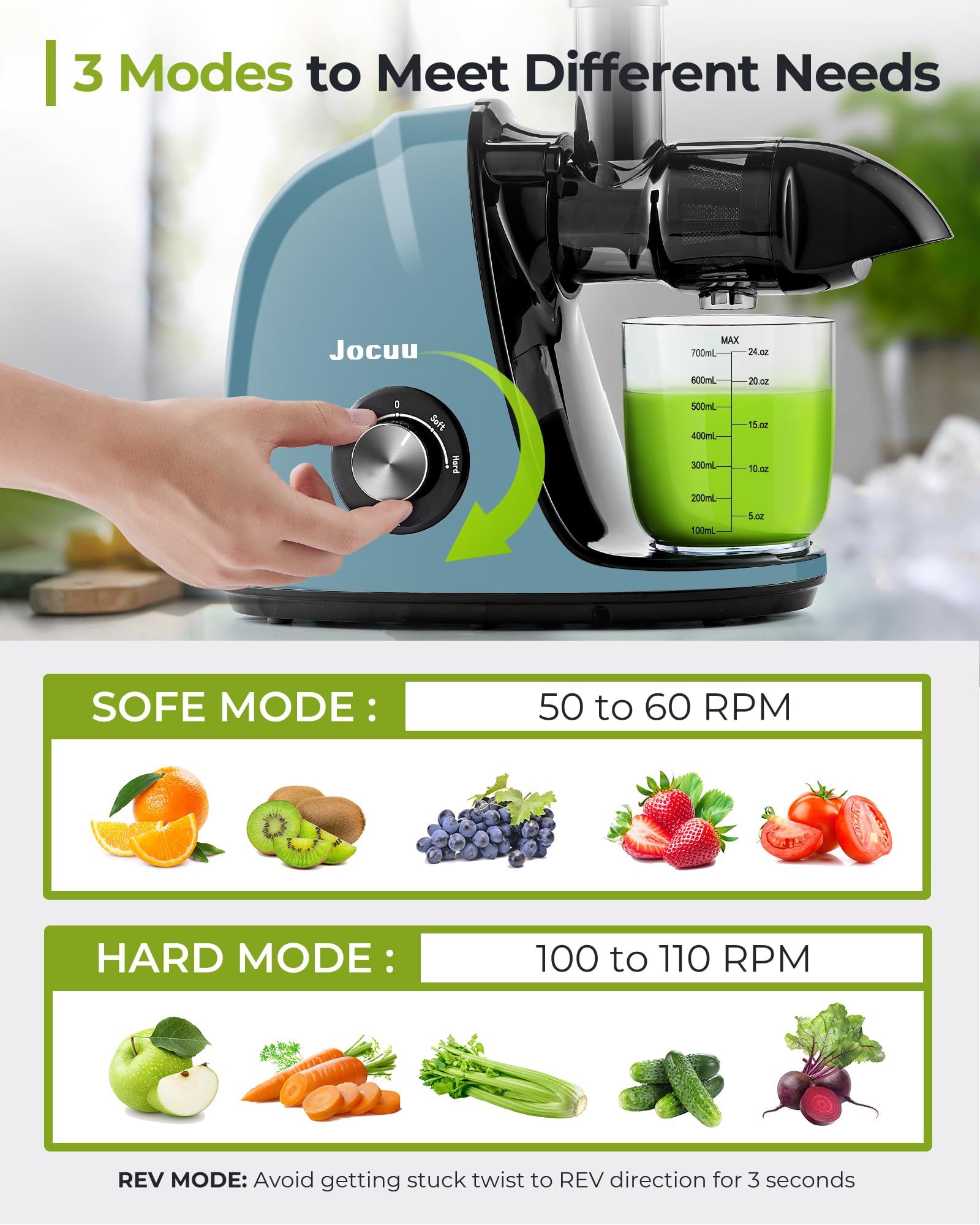 Jocuu Slow Masticating Juicer with 2Speed Modes Cold Press Juicer Machine Quiet Motor