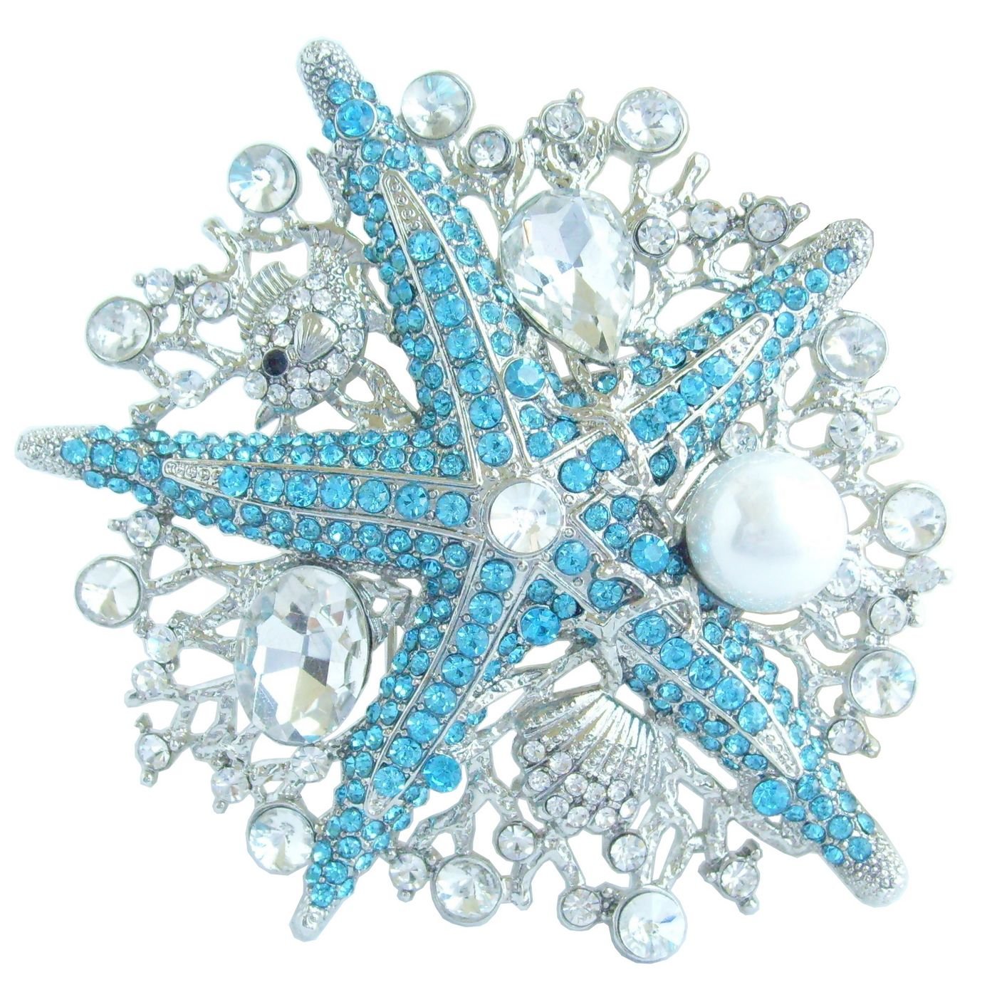 Sindary 3.15" Unique Starfish Brooch Pin Pendant Austrian Crystal UKB6412 (Silver-Tone Blue Clear)