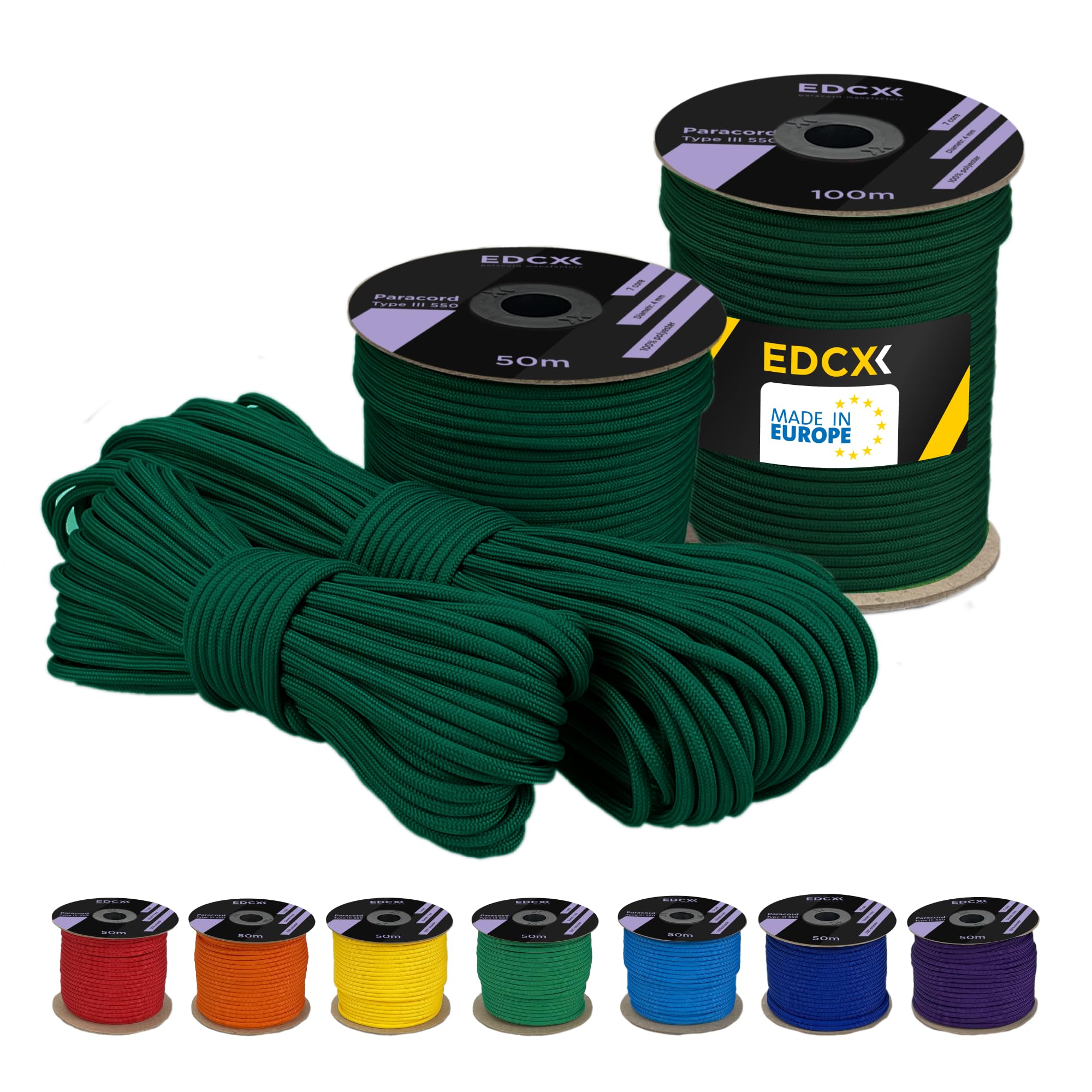 EDCX 4 mm Polyester Paracord 550 (15, 30 and 50 m) – 4 mm Type III, Tear-Resistant Parachute Cord for Survival Made of 100% Polyester with 7 Wires | Solid Colours (Emerald, 15 m)
