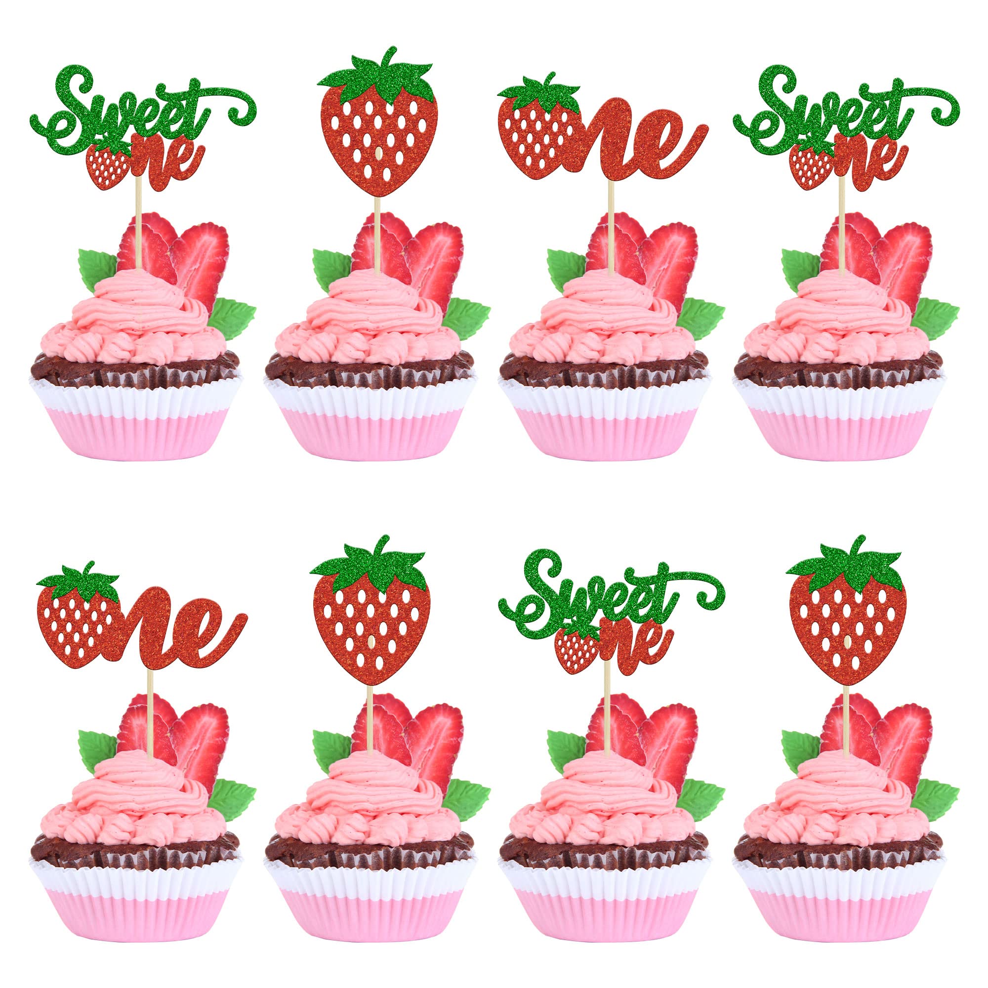 Gyufise 24Pcs Strawberry One Cupcake Toppers Glitter Sweet One First Birthday Cupcake Picks for Fruit Theme Baby Shower Kids 1st Birthday Anniversary Party Cake Decorations Supplies